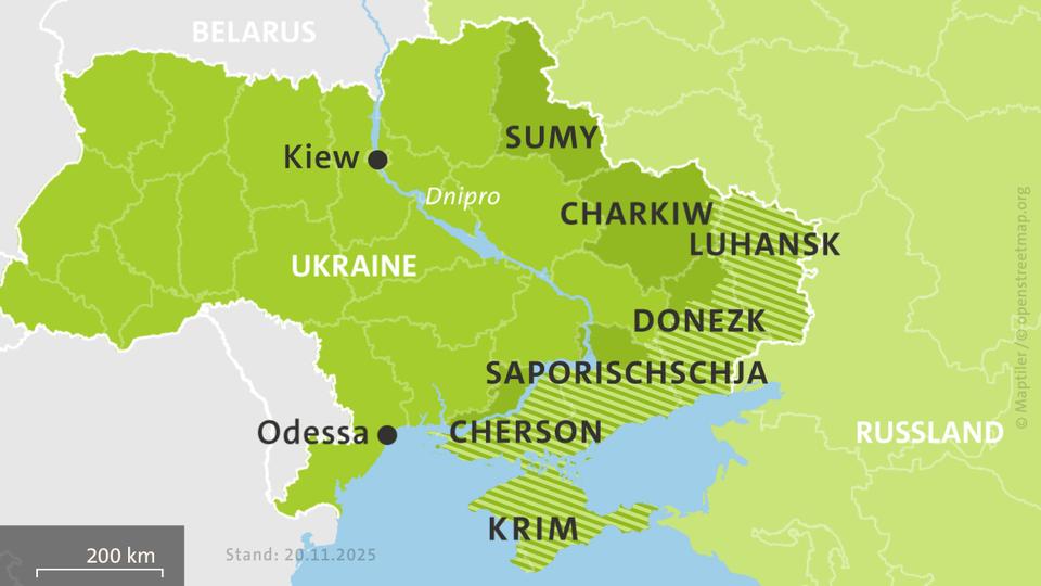Karte der Ukraine und Russlands, hell schraffiert: von Russland besetzte Gebiete