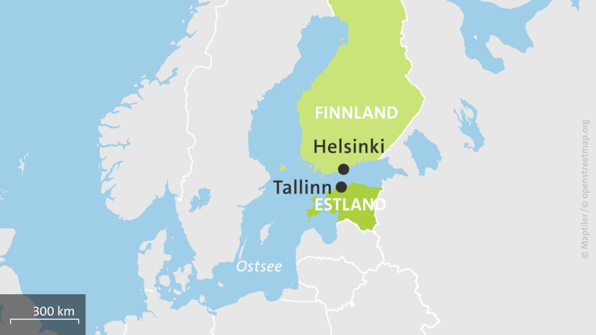 Die Karte zeigt Finnland und Estland mit Helsinki und Tallinn | ARD-aktuell