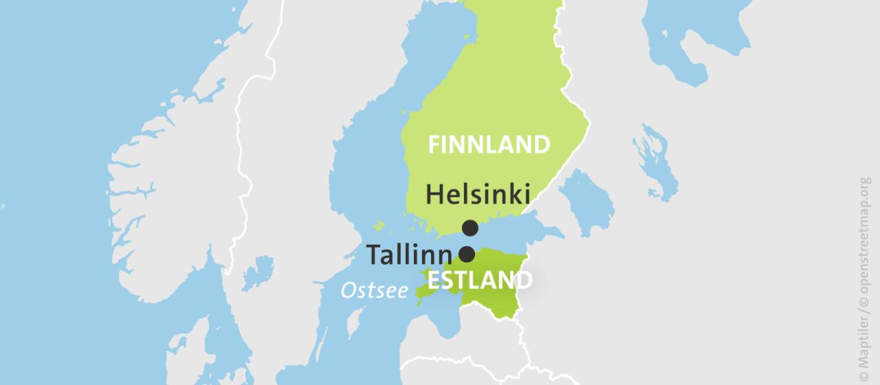 Die Karte zeigt Finnland und Estland mit Helsinki und Tallinn