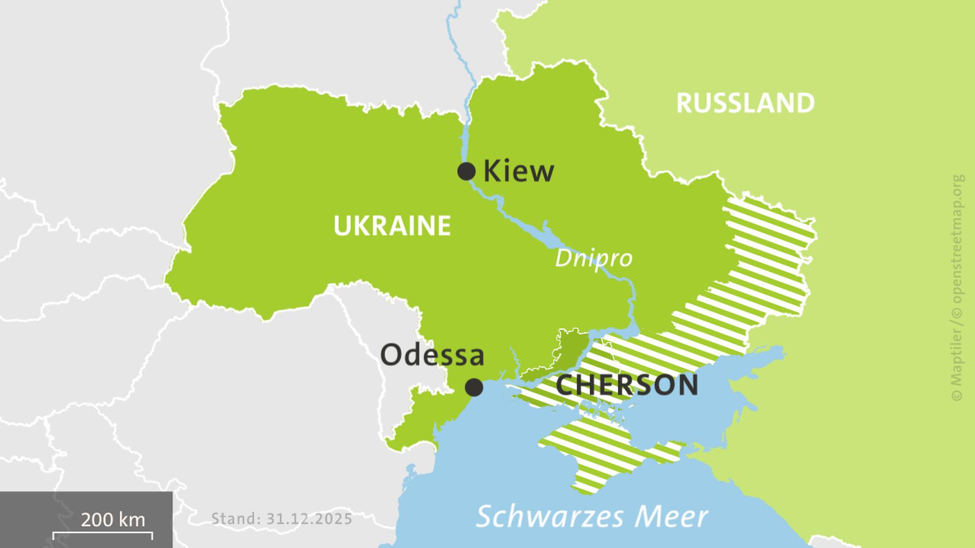 Karte der Ukraine und Russlands, hell schraffiert: von Russland besetzte Gebiete | ISW, Critical Threats Project | Stand: 31.12.2025