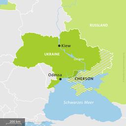 Karte der Ukraine und Russlands, hell schraffiert: von Russland besetzte Gebiete