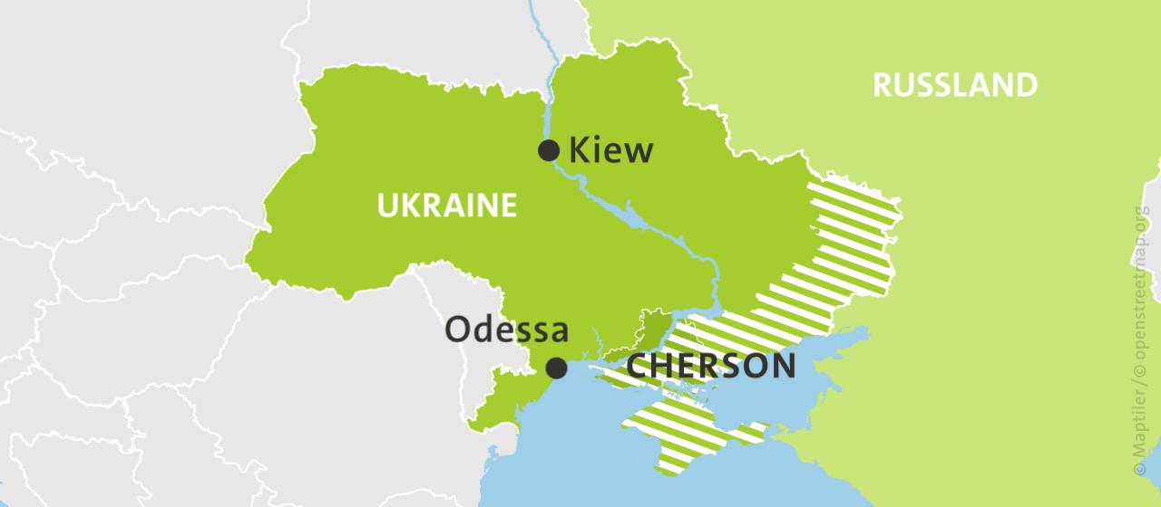 Karte der Ukraine und Russlands, hell schraffiert: von Russland besetzte Gebiete