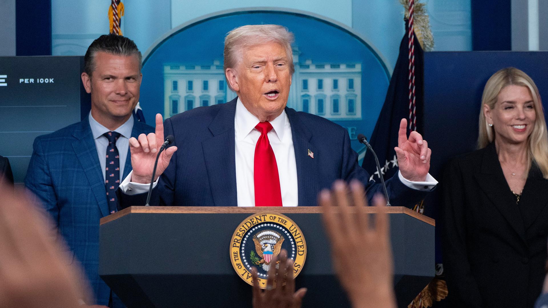 Donald Trump gestikuliert während einer Pressekonferenz im Weißen Haus. | AP