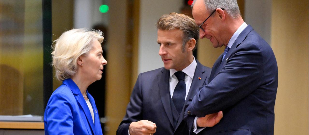 Ursula von der Leyen, Emmanuel Macron und Friedrich Merz 