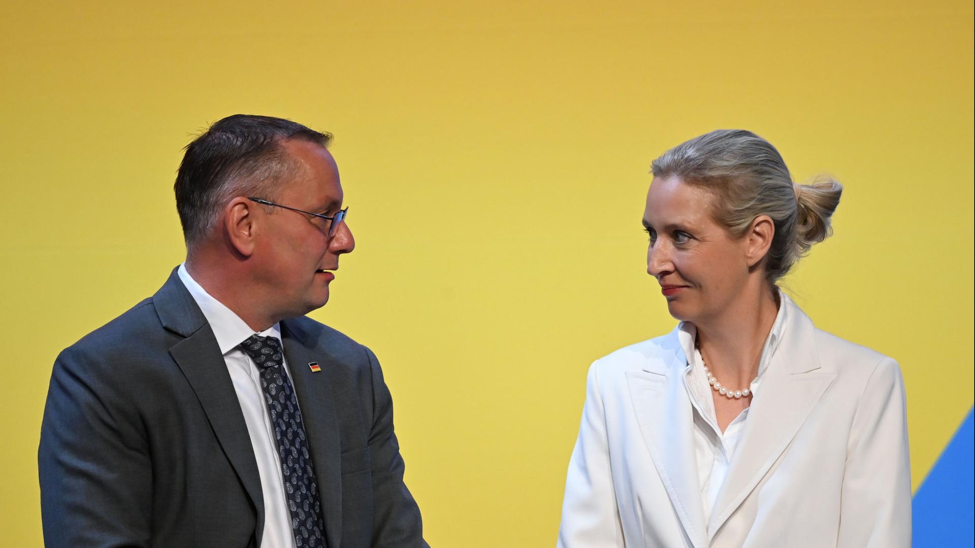 Tino Chrupalla und Alice Weidel auf einer B�hne vor gelbem Hintergrund. | Katharina Kausche/dpa