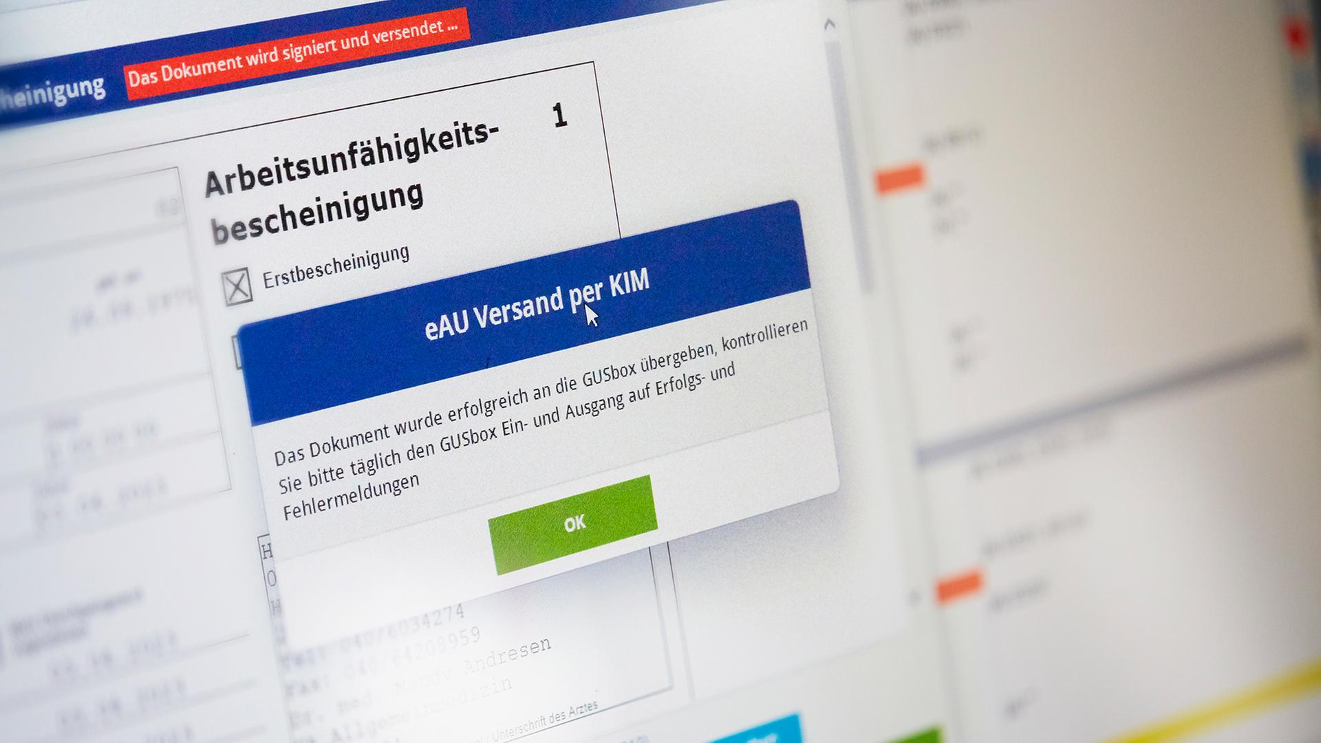 Eine Elektronische Arbeitsunfähigkeitsbescheinigung ist auf einem Bildschirm zu sehen. | ARD-aktuell/Manuela Korinth