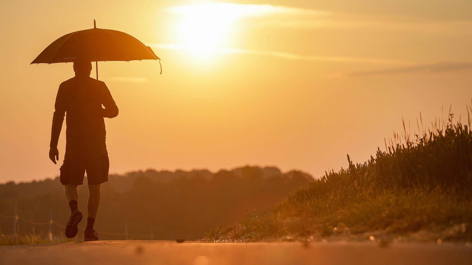 Ein Spaziergänger schützt sich mit einem Schirm vor der Sonne. | Thomas Warnack/dpa