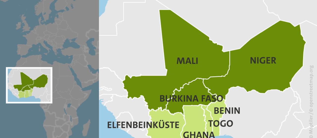 Karte mit Mali, Burkina Faso, Niger, Benin, Ghana, Togo und Elfenbeinküste