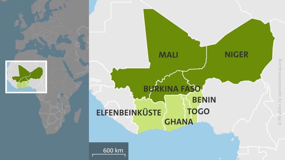 Karte mit Mali, Burkina Faso, Niger, Benin, Ghana, Togo und Elfenbeinküste