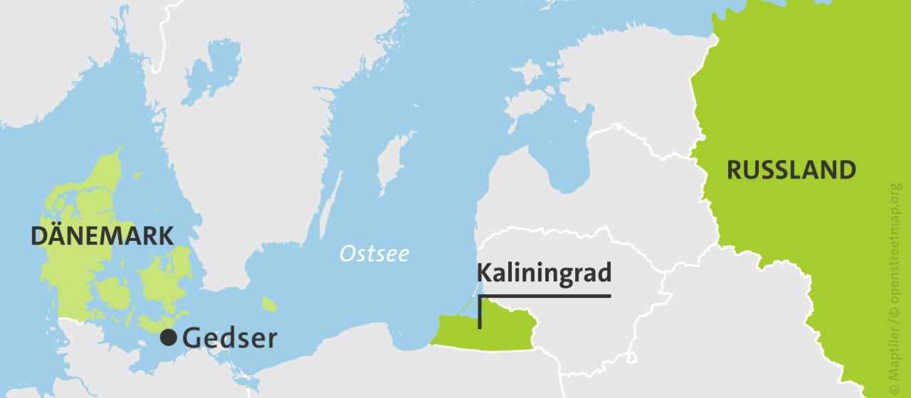 Karte: Dänemark mit dem Ort Gedser, der Ostsee und Russland