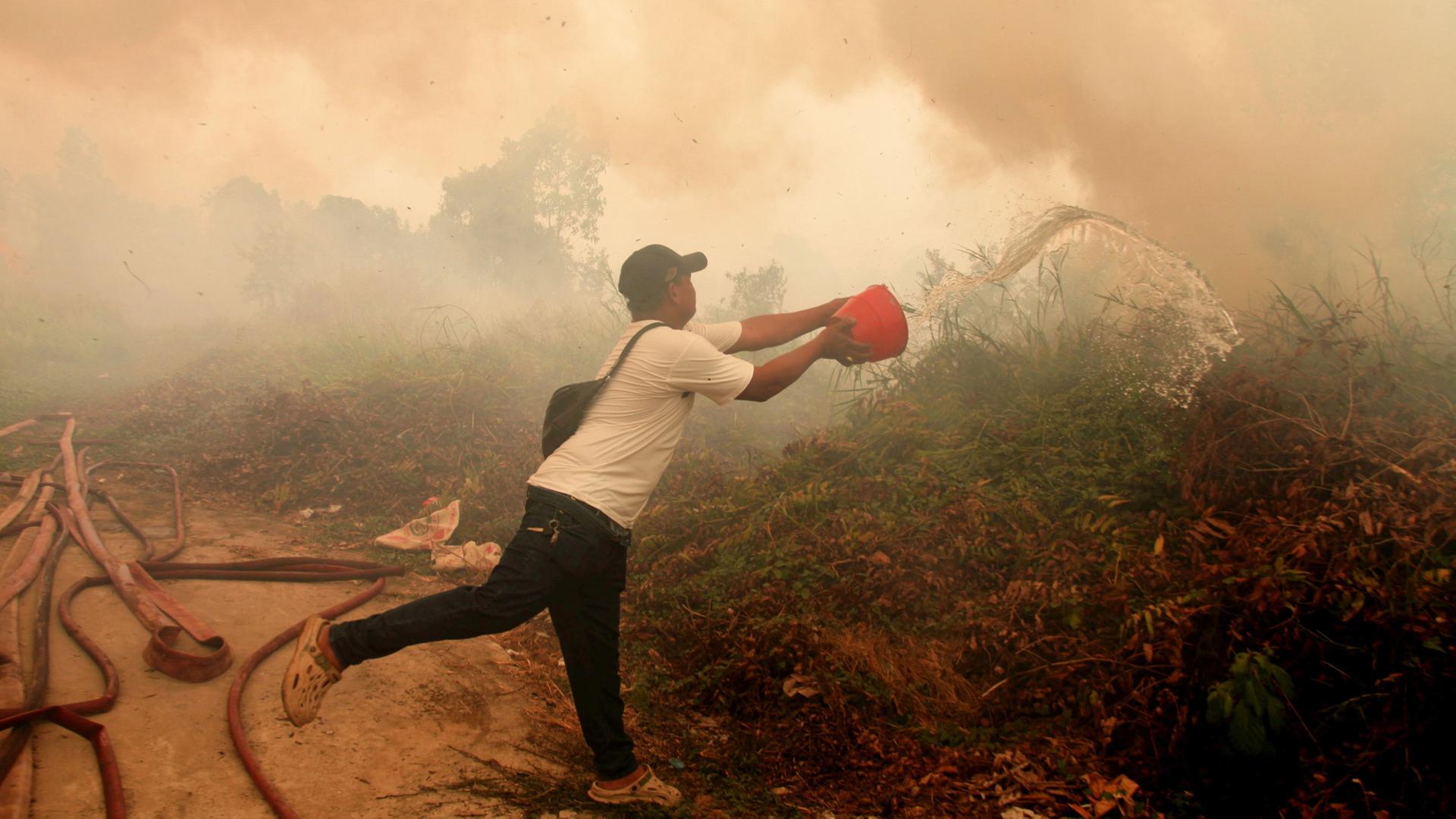 Ein Mann bekämpft einen Vegetationsbrand in Indonesien mit einem Eimer Wasser. | AP Photo/Muhammad Fajri