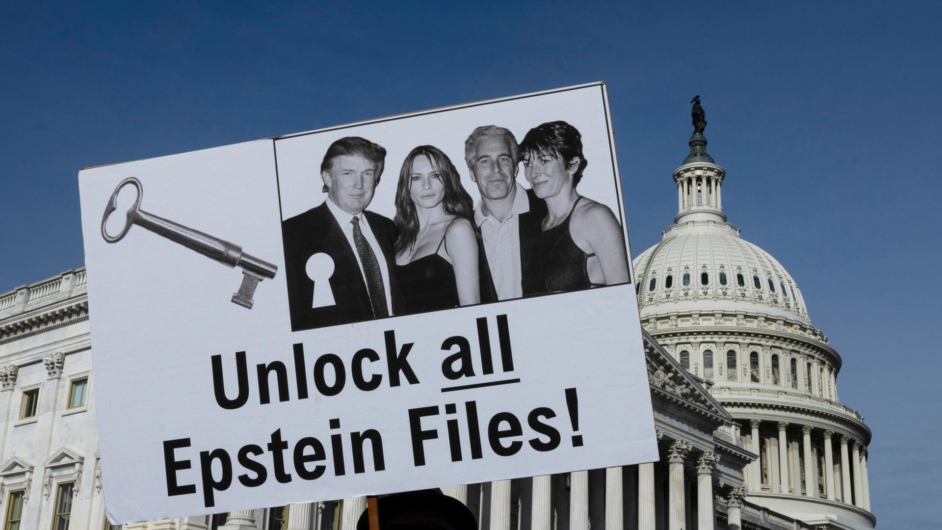 Demonstranten halten Schilder während einer Pressekonferenz zum Epstein Files Transparency Act vor dem US-Kapitol hoch | dpa