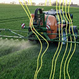 Massey Ferguson Traktor mit Amazone Feldspritze im Einsatz,