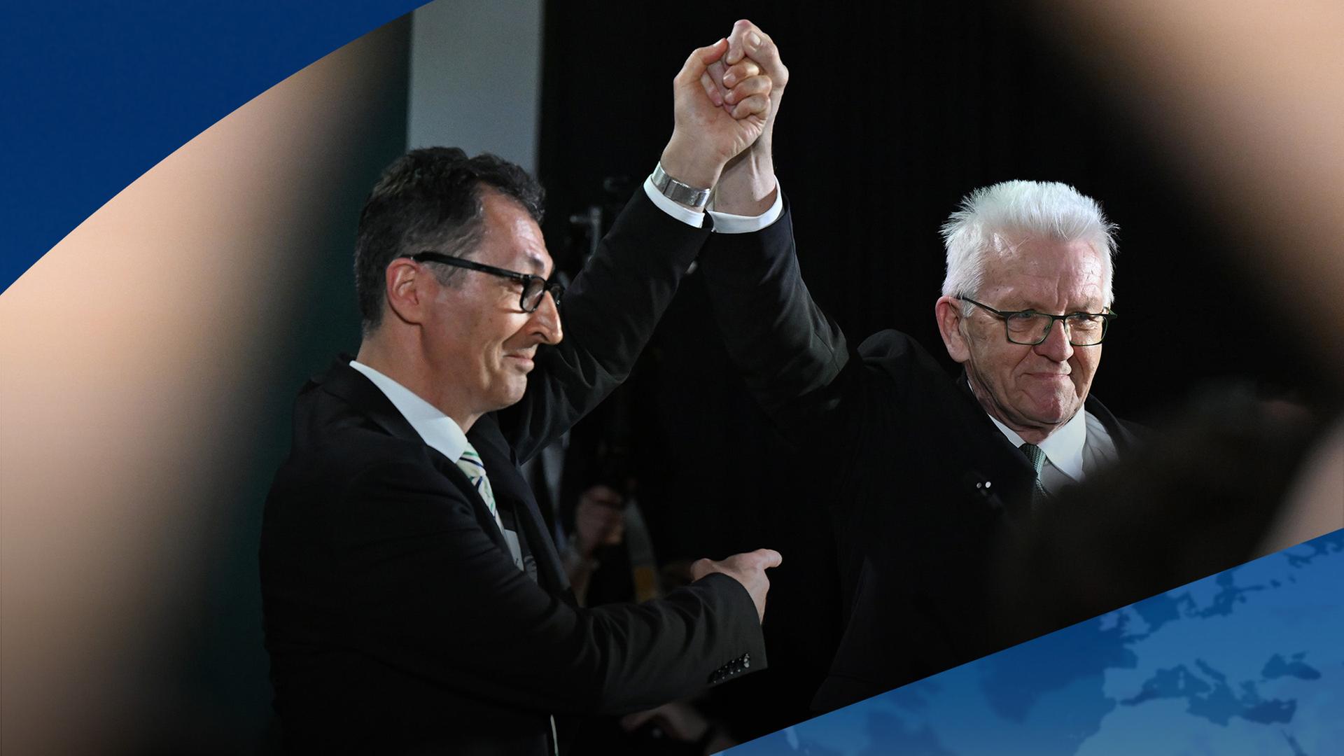 Spitzenkandidat Ãzdemir und MinisterprÃ¤sident Kretschmann von den GrÃ¼nen. | dpa