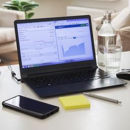 Eine Arbeitsecke mit Laptop, Headset und Ordnern in einem Wohnzimmer.