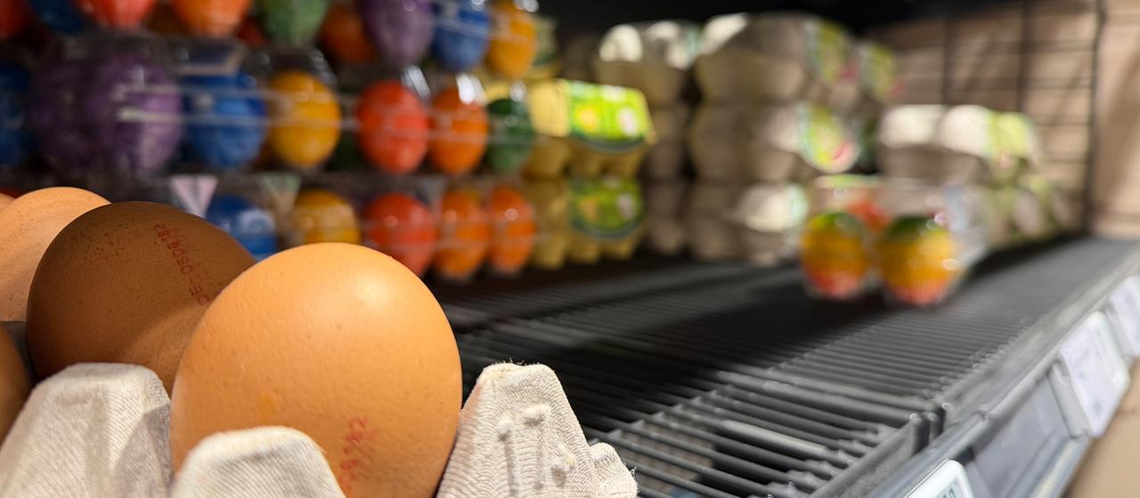 Eier liegen in einem Regal in einem Supermarkt.