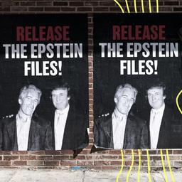 Plakate mit einem Bild von Jeffrey Epstein und Donald Trump fordern die Freigabe der Epstein Akten