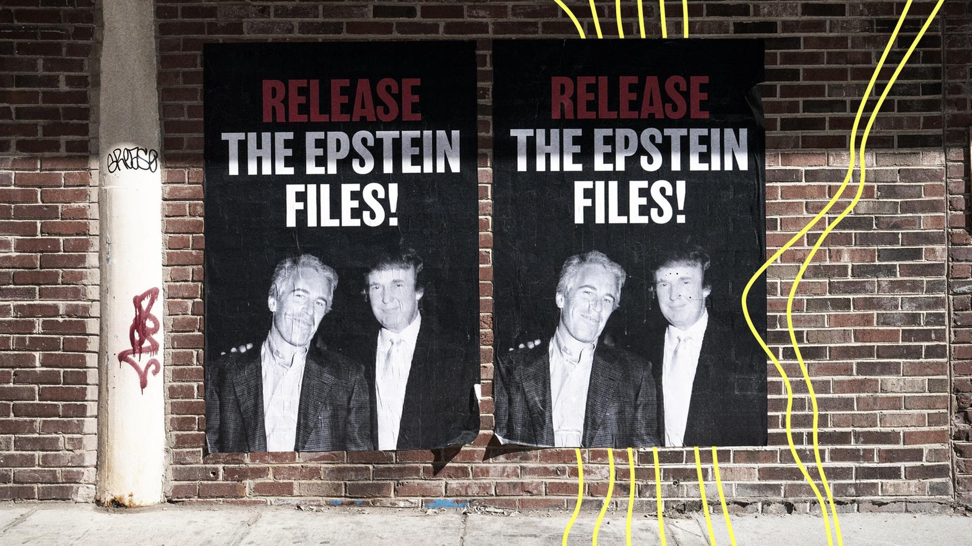 Plakate mit einem Bild von Jeffrey Epstein und Donald Trump fordern die Freigabe der Epstein Akten | picture alliance, newscom, ANNABELLE GORDON