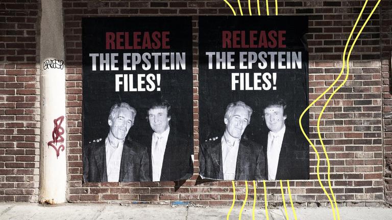 Plakate mit einem Bild von Jeffrey Epstein und Donald Trump fordern die Freigabe der Epstein Akten