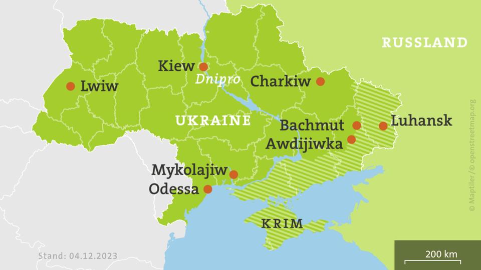 Karte Ukraine, schraffiert: von Russland besetzte Gebiete