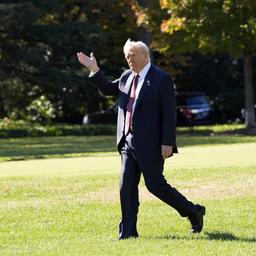 Donald Trump geht über eine grüne Wiese.