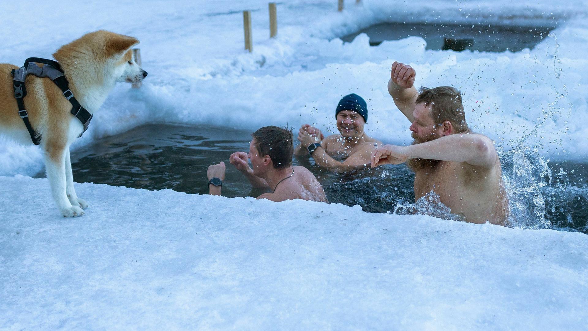 Menschen baden an einem sehr kalten Morgen in einem See in der NÃ¤he von Vilnius, Litauen. | AP