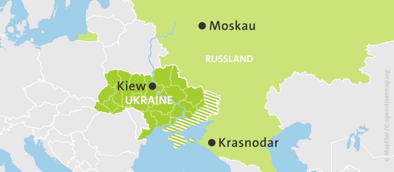 Karte: Ukraine und Russland, hell schraffiert: von Russland besetzte Gebiete.