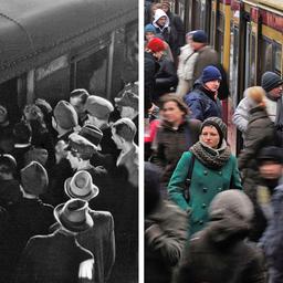 Crowds in front of the Schöneberg S-Bahn station. Photo, anonymous, 1948. / Commuters get off the S-Bahn at Berlin Ostkreuz station on January 7, 2009. (Source: Photo Alliance/akg-images/Gero Breloer)