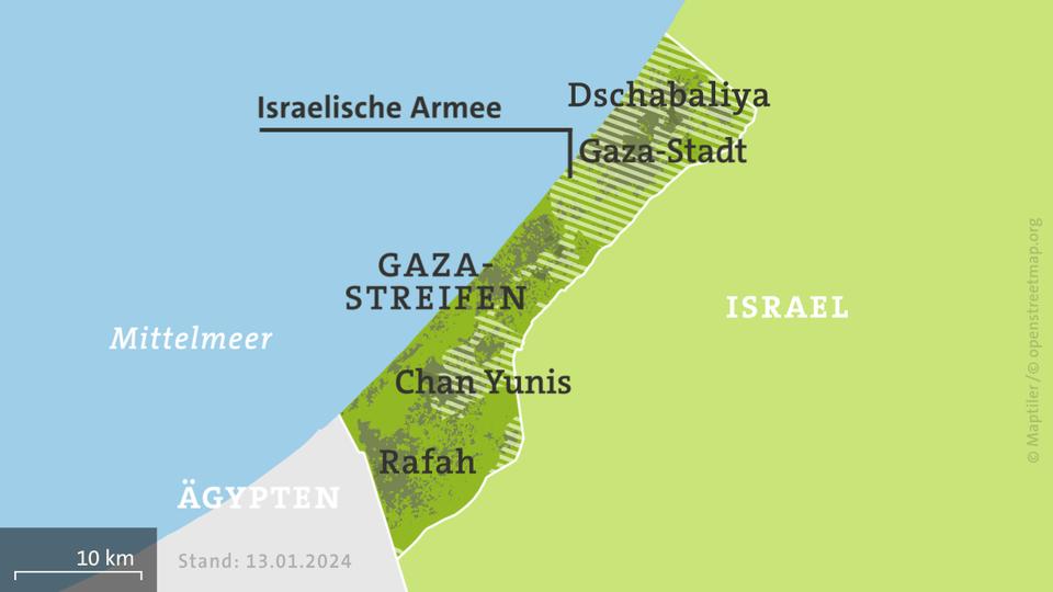 Karte: Gazastreifen, schraffiert: von der israelischen Armee kontrollierte Gebiete