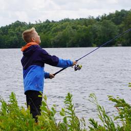 Ein Junge steht mit dem Rücken zum Bild und wirft eine Angel aus. Im Hintergrund der Paderbornder Lippesee. Im Vordergrund: Gras und Uferpflanzen.