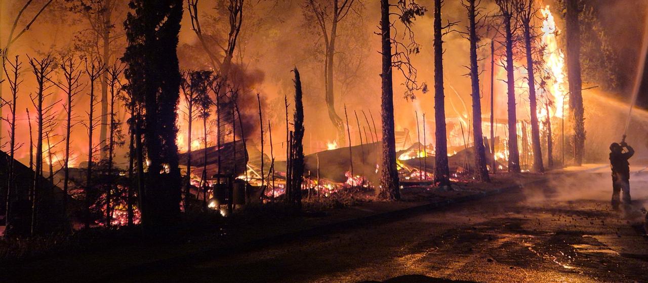 Flammen schlagen zwischen Bäumen auf einem Campingplatz am Gardasee auf.