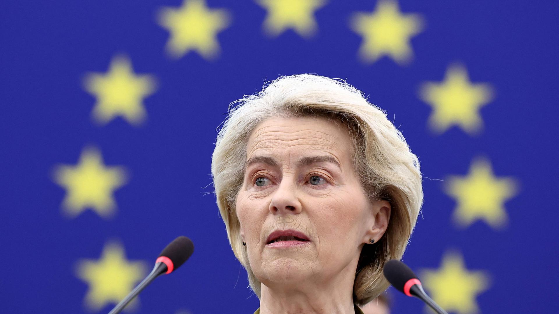 Die PrÃ¤sidentin der EU-Kommission, Ursula von der Leyen im EU-Parlament. | AFP