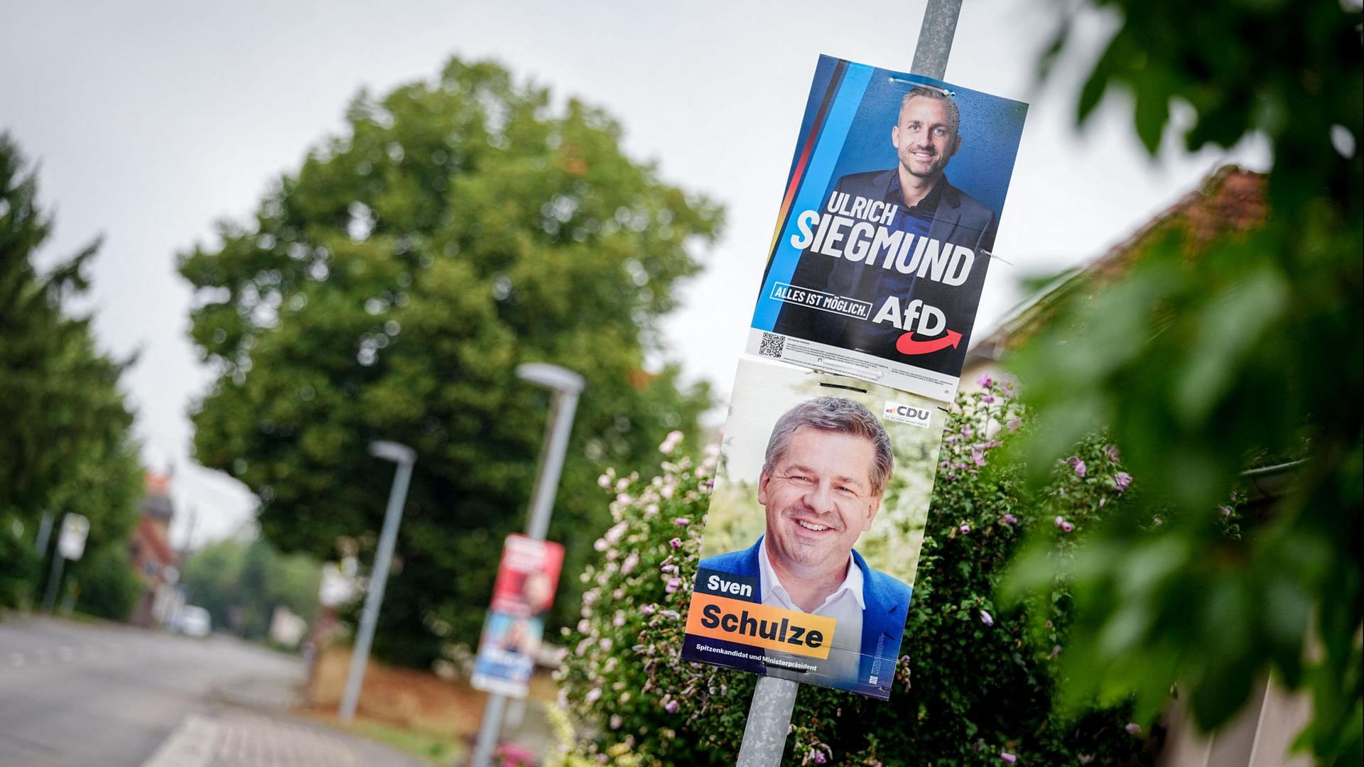 Wahlplakate für die Landtagswahl in Sachsen-Anhalt mit Ulrich Siegmund und Sven Schulze. | Kay Nietfeld/dpa