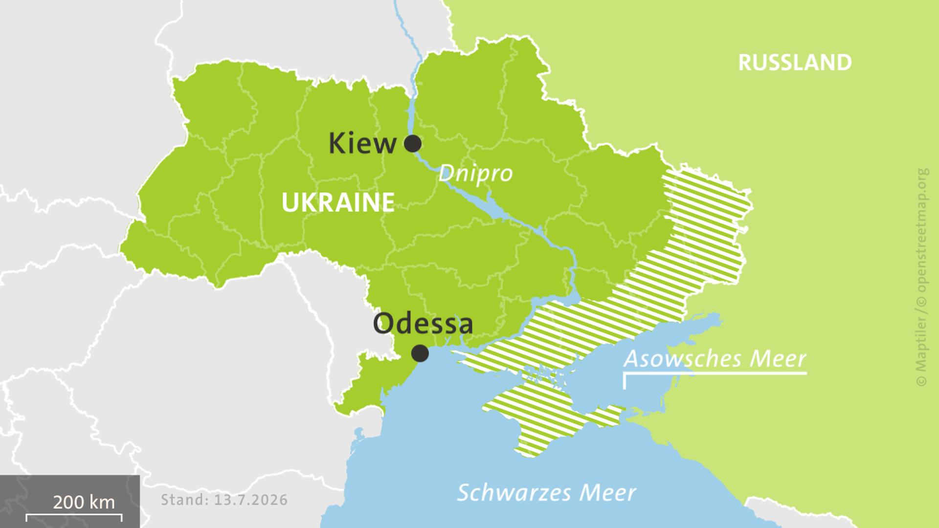 Karte: Ukraine und Russland, hell schraffiert: von Russland besetzte Gebiete. | ISW, Critical Threats Project | Stand: 13.7.2026
