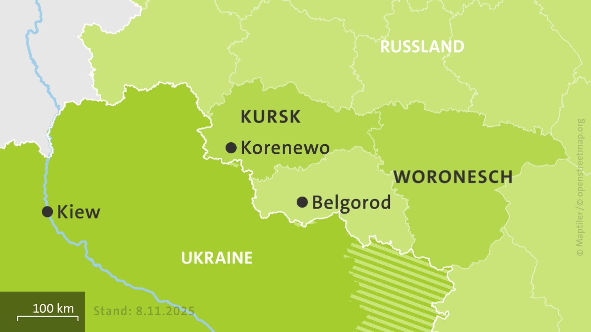 Karte der Ukraine und Russlands, hell schraffiert: von Russland besetzte Gebiete | ISW, Critical Threats Project | Stand: 8.11.2025