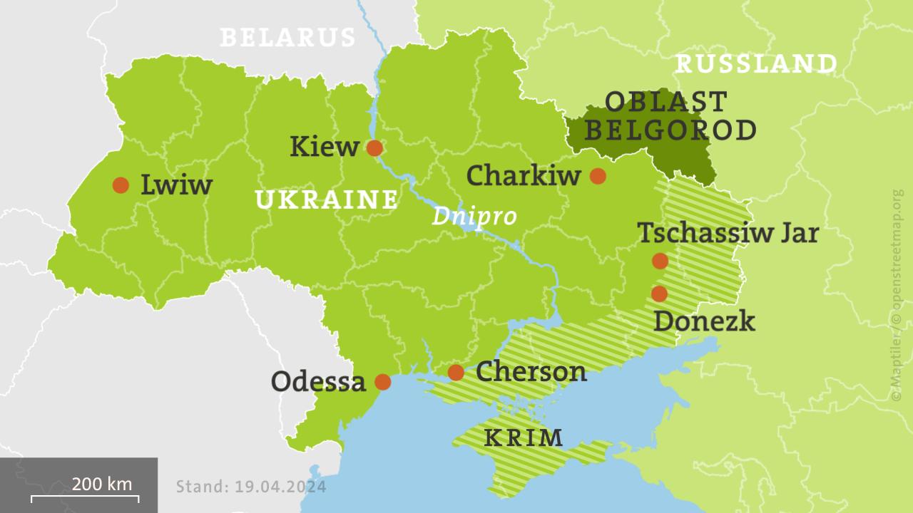 Karte Ukraine, schraffiert: von Russland besetzte Gebiete