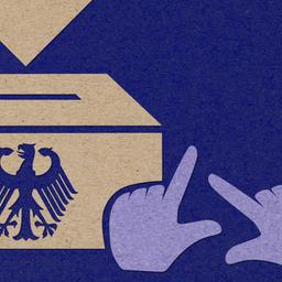Zwei Hände machen eine Gebärde, daneben fällt ein Stimmzettel in eine Wahlurne