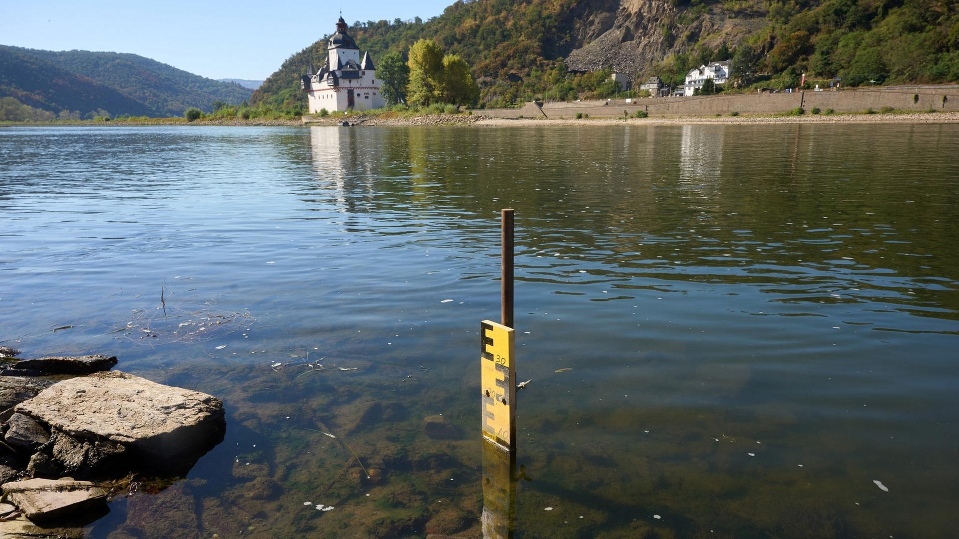 Der analoge Pegel am Rhein in Kaub zeigt weniger als 10 Zentimeter an. | picture-alliance / Reportdienste, picture alliance/dpa | Thomas Frey