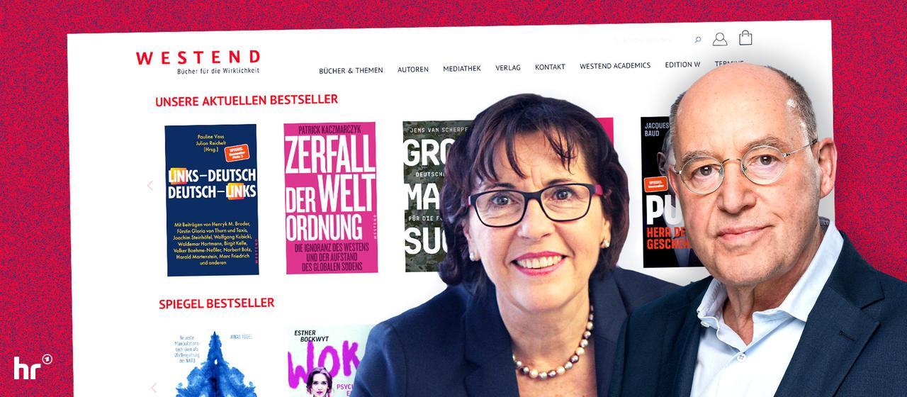 Collage: Im Vordergrund zwei Portraits einer Frau und eines Mannes, im Hintergrund ein Bildschirmfoto einer Internetseite eines Verlags mit vielen Buchcovern und dem Logo des Verlags.