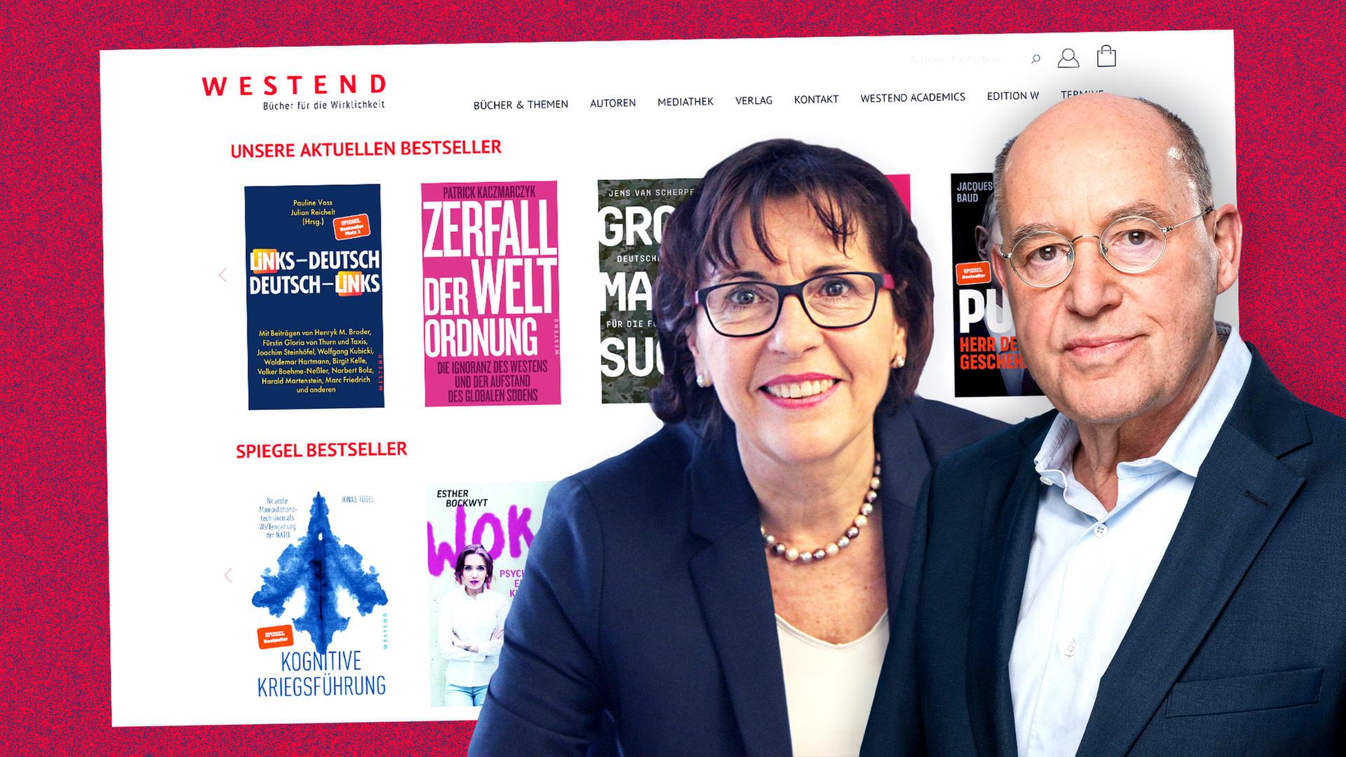 Collage: Im Vordergrund zwei Portraits einer Frau und eines Mannes, im Hintergrund ein Bildschirmfoto einer Internetseite eines Verlags mit vielen Buchcovern und dem Logo des Verlags. | hr; picture alliance / dpa | Kirsten Nijhof; Screenshot https://westendverlag.de; Collage: hessenschau.de
