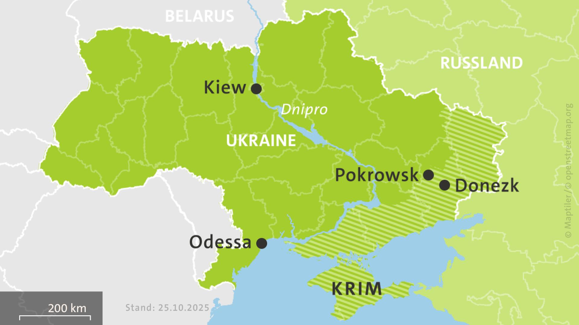Karte der Ukraine und Russlands, hell schraffiert: von Russland besetzte Gebiete | ISW, Critical Threats Project | Stand: 25.10.2025