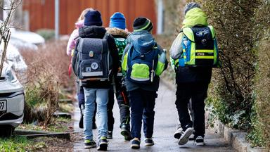 Schüler einer Grundschule gehen nach dem Unterrichtsende mit ihren Schulranzen auf dem Rücken einen Gehweg entlang.