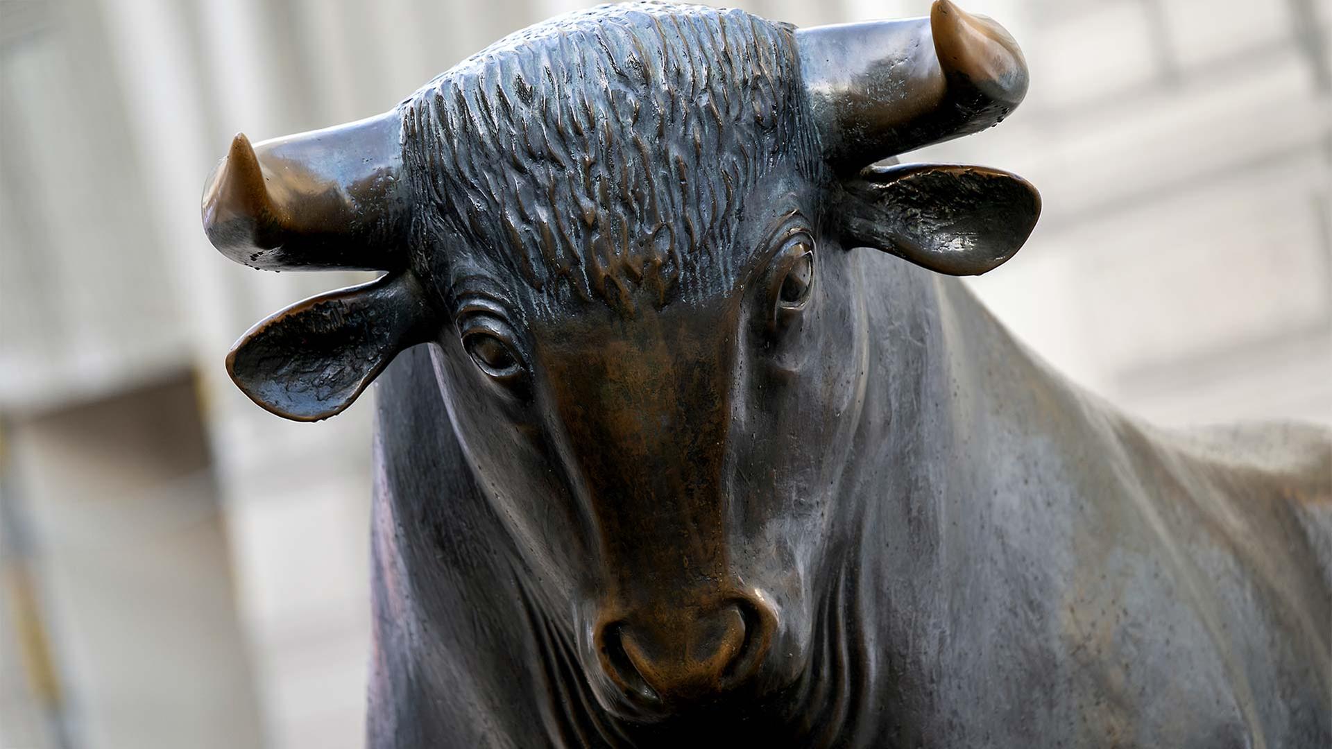 Die Skulptur des Bullen vor der Frankfurter Börse. | picture alliance / Eibner-Presse
