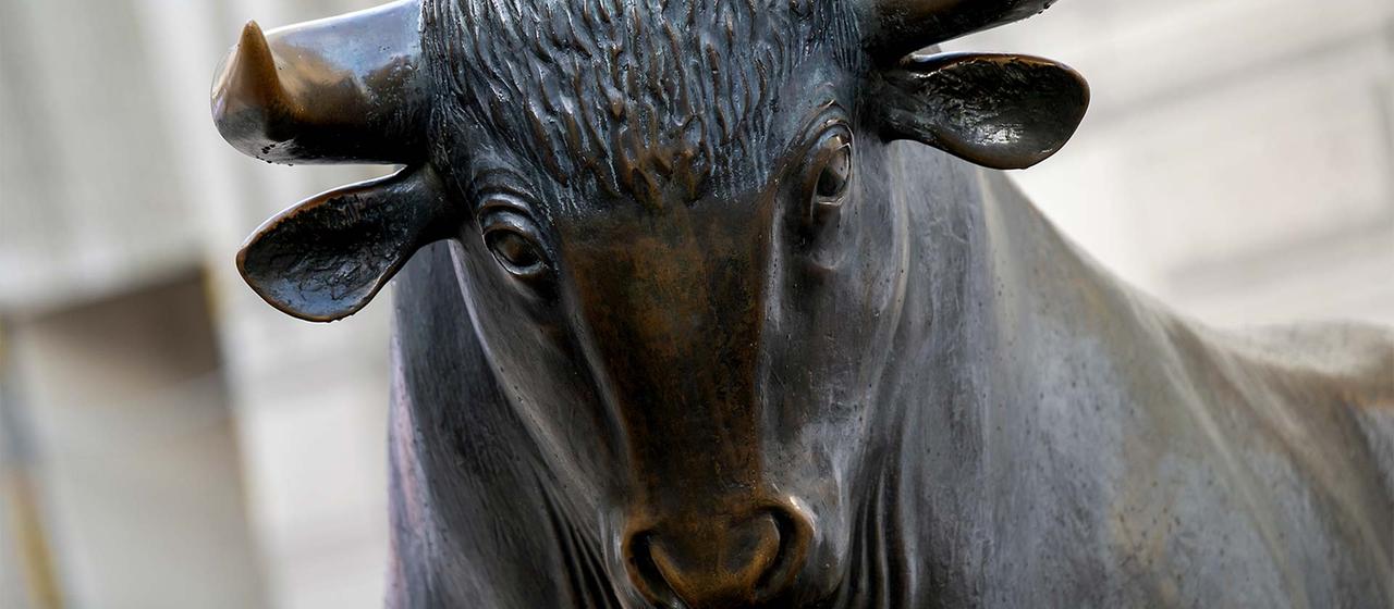 The bull sculpture in front of the Frankfurt Stock Exchange.