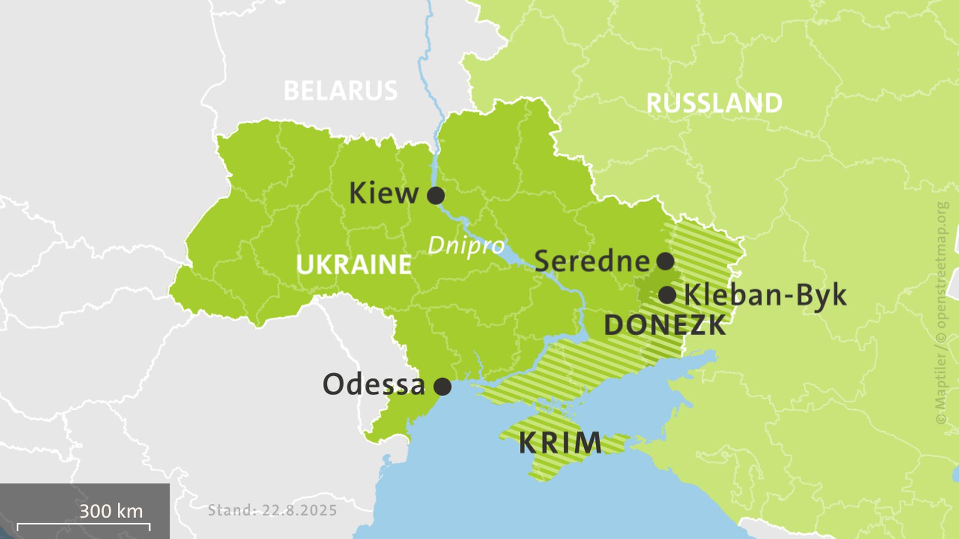Karte der Ukraine und Russlands, hell schraffiert: von Russland besetzte Gebiete | ISW, Critical Threats Project | Stand: 22.8.2025