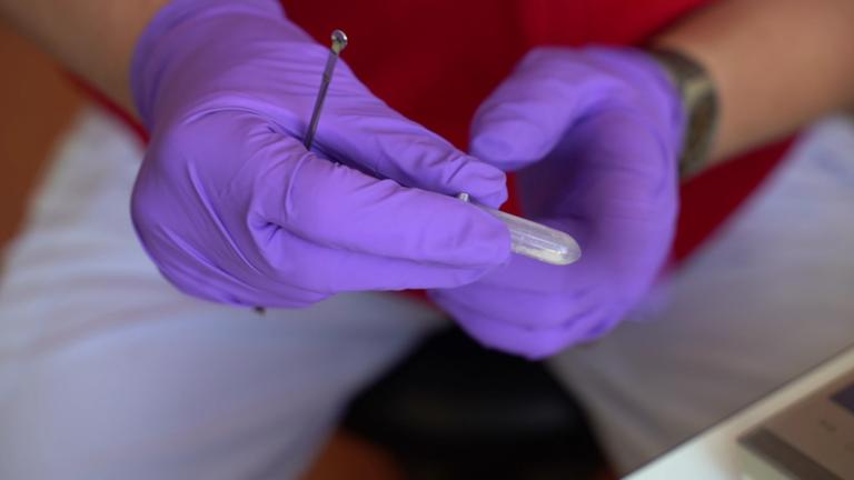 Hände halten ein Proberöhrchen in einem Labor.