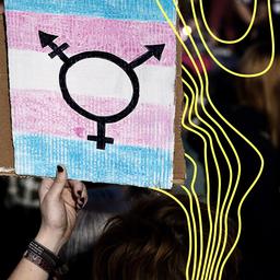 Eine Frau hält eine Pappe mit dem Zeichen für Transsexualität in die Höhe.
