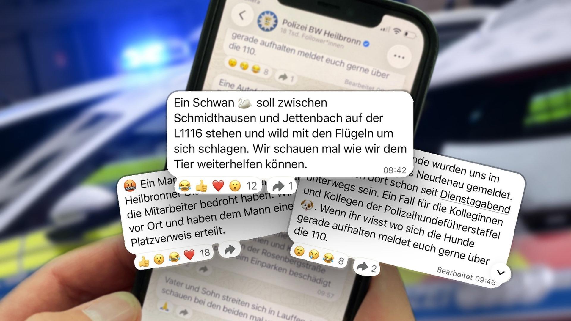 Montage: Chatsposts aus dem WhatsApp Marathon vor Polizeiautos | picture-alliance / Reportdienste, SWR, SWR, Hintergrund: Arne Dedert