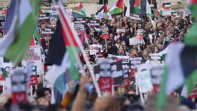 Demonstranten stehen mit Plakaten und palästinensischen Flaggen auf dem Trafalgar Square in London.