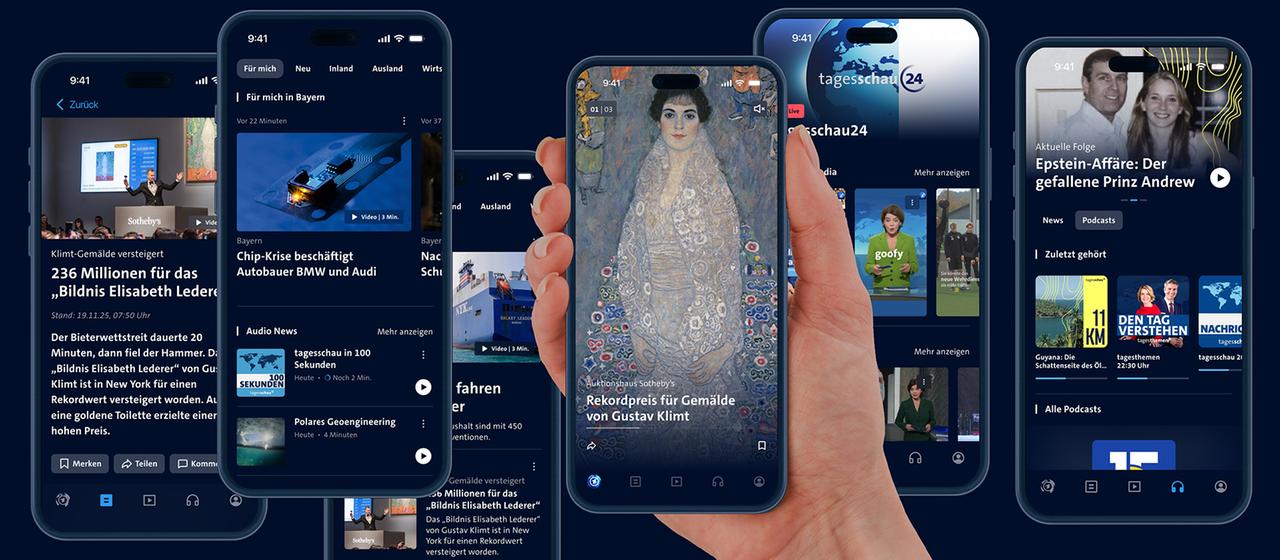 Mehrere Smartphone Displays zeigen die neue tagesschau-App.